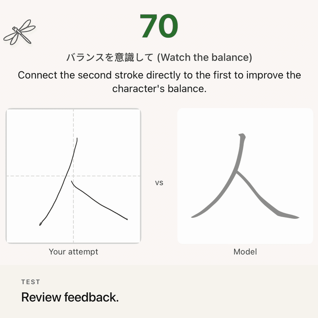 A recorded Penshuu grade with a coaching suggestion and the handwritten attempt beside the model